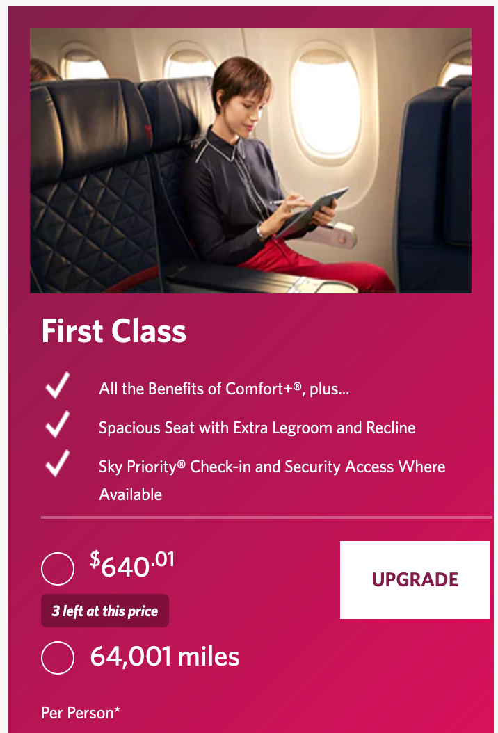 Screenshot of a Delta Air Lines upgrade offer